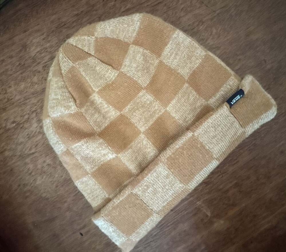 Vans Checkered Beanie Hat Brown Tan Knit Cuffed Logo Winter